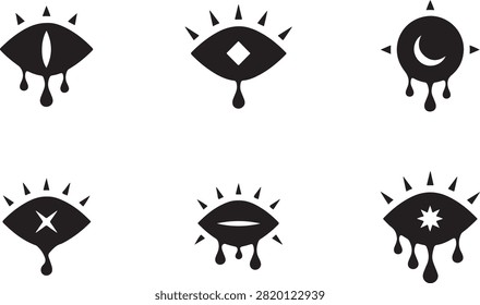 Of esoteric crying eyes with celestial motifs including moons and stars in black silhouette style on white.