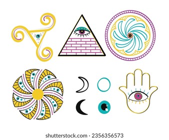 Esoterische, kryptische oder spirituelle Elemente Vektorgrafiken-Set. Sammlung von Zeichnungen von Hamsa Hand mit bösen Auge, triskele, illuminati Dreieck, Mandalas. Magie, Halloween, Spiritualität-Konzept