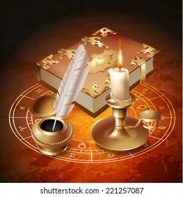 Esoteric design elements with a book, candle and inkwell with a pen. Vector illustration