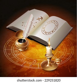 Esoteric design elements with a book, candle and inkwell with a pen. Vector illustration