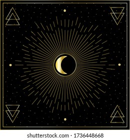 Esoteric digital vector art of night sky with golden outline.