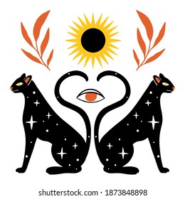 Esoteric doodle illustration. Flat mystic black panthers, magic eye, sun. Boho abstract tatoo, card, poster with witch symbols. Hand drawn template for card, t-shirt print. Black, yellow and orange