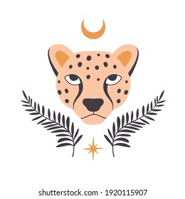 Esoteric doodle leopard. Flat mystic plant, magic cheetah, moon. Boho abstract tatoo, card, poster. Hand drawn template for card, print. Nature, wildlife jungle concept. Black and orange africa animal