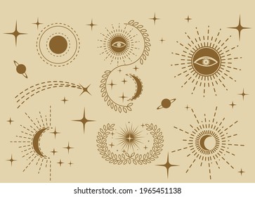 Esoteric doodle signs. Witchcraft design elements. Mystical moon, stars, eye, sun icons vector illustration. Spirituality, mysticism, magic, space, astrology linear icon set