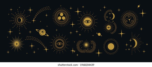 Esoteric doodle signs. Witchcraft design elements. Mystical moon, stars, eye, sun icons vector illustration. Spirituality, mysticism, magic, space, astrology linear icon set