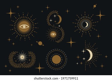Esoteric doodle signs. Witchcraft design elements. Mystical moon, stars, eye, sun icons vector illustration. Spirituality, mysticism, magic, space, astrology linear icon set