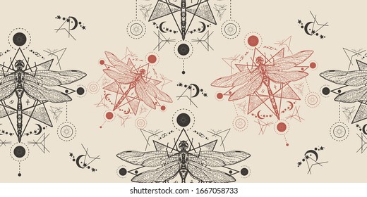 Esoteric dragonfly seamless pattern. Packing old paper, scrapbooking style. Vintage background. Medieval manuscript, engraving art. Alchemy, religion, occultism, spirituality concept