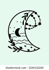 Esoteric elements of mystical astrology. Magical minimalistic moon on a light background. The magical symbol of the moon. Black and white composition for your design. Vector illustration
