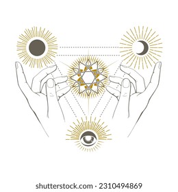 Esoteric Emblem Female Hands with Moon Sun and Allseeing Eye Magical Symbols isolated on white. Vector Illustration