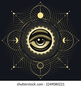 Esoteric emblem of ll seeing Eye on Sacred geometry Background isolated on black background. Vector illustration.