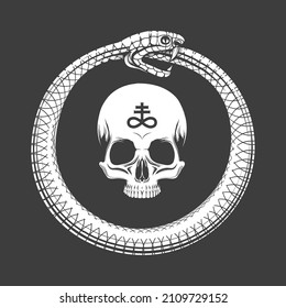  Esoteric Emblem of Ouroboros Snake and skull inside isolated on black. Vector illustration.