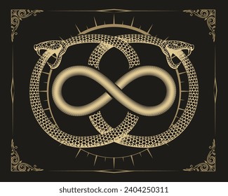 Emblema esotérico de serpientes y signos infinitos de Ouroboros aislado en ilustración vectorial de fondo negro. No se utilizó IA.