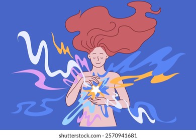 Esoteric energy inside smiling woman, with glow in chest symbolizing pure soul. Mysterious girl with long hair is passionate about esoteric and feels multi-colored aura emanating from body