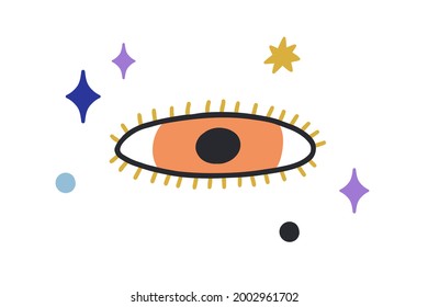 Esoteric evil eye with eyelashes in doodle style. Mystical spiritual eyeball watching. Sacred greek amulet among stars. Colored flat vector illustration isolated on white background