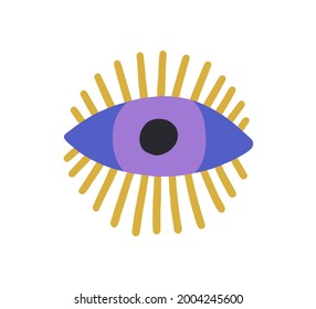 Esoteric evil eye with eyelashes. Mystical spiritual eyeball with pupil watching. Magic sacred design element in doodle style. Flat vector illustration of luck symbol isolated on white background