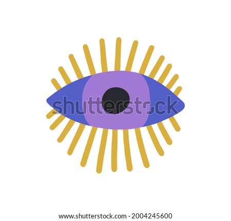 Esoteric evil eye with eyelashes. Mystical spiritual eyeball with pupil watching. Magic sacred design element in doodle style. Flat vector illustration of luck symbol isolated on white background