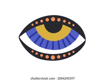 Esoteric evil eye with eyelids. Mystical sacred eyeball in doodle style. Magic spiritual symbol of luck. Flat vector illustration of bizarre look isolated on white background