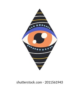 Esoteric evil eye looking from hole and peeping. Magic holy abstract eyeball inside geometric rhombus. Mystical alien god symbol in doodle style. Colored flat vector illustration isolated on white