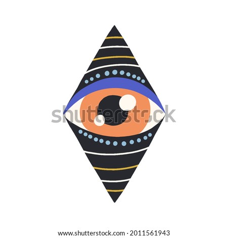 Esoteric evil eye looking from hole and peeping. Magic holy abstract eyeball inside geometric rhombus. Mystical alien god symbol in doodle style. Colored flat vector illustration isolated on white