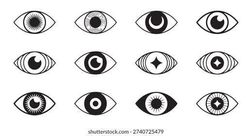 Esoteric eye designs with celestial and geometric shapes. Mystical symbols.