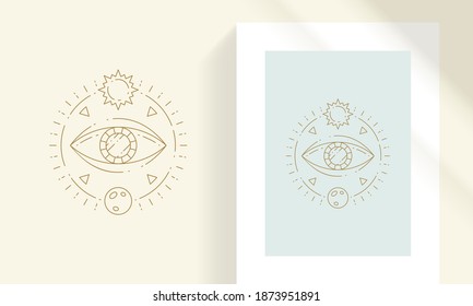 Esoteric eye with moon and sun line art style vector illustration. Bohemian magic eyesight decor linear drawing for poster and logo emblem decoration or fashion print.