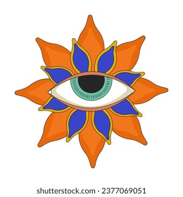 Esoteric eyeball flower 2D linear cartoon object. Spirituality. Blossom mysterious imagination isolated line vector element white background. Fantasy hallucination color flat spot illustration