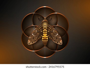 Esoteric Flower of Life on The death's head moth, bronze logo design. Seed of life symbol of Sacred Geometry. Geometric mystic mandala on alchemy night butterfly insect with a skull. Dark background 
