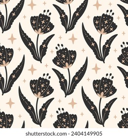 Las flores esotéricas son un patrón sin fisuras con las estrellas. Ilustración vectorial vintage floral repetida celestial con hermoso tulipán sobre fondo beige. Ornamento mágico floreciente.