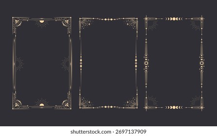 Esoteric frame, mystical linear decoration with dots, moon, stars corners isolated on gray background. Vector illustration. 