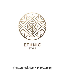 Esoteric geometric logo. Linear round icon with geometric shapes on white background for decoration design. Alchemy, religion, astrology, spirituality, yoga. Graphic ornament. Ethnic mandala ornament.