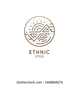 Esoteric geometric logo. Linear round icon with geometric shapes on white background. Vector abstract nature icon. Alchemy, religion, astrology, spirituality, yoga. Graphic ornamental landscape.