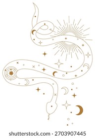 Esoteric geometric snake tattoo vector inspired by Kundalini energy and spiritual awakening. Line art composition of mystical symmetry enlightenment and divine connection.