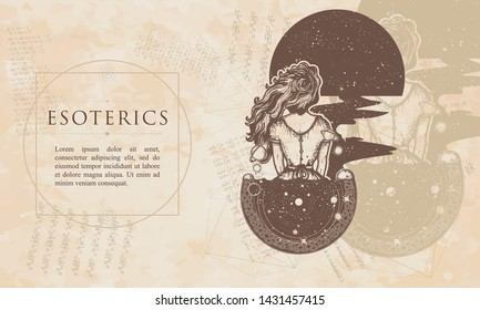 Esoteric. Girl sinks in universe. Symbol of magic, poetry. Renaissance background. Medieval manuscript, engraving art 