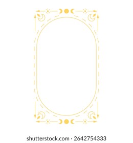 Esoteric golden oval frame with crescent moon and stars. Line art design for tarot cards and mystical themes. Occultism, astrology. Vector flat illustration. Isolated background.