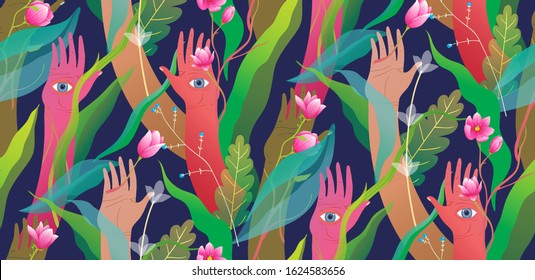 Esoteric hands arms palms and eyes with flowers and jungle modern seamless pattern design. Colorful vivid meditative mysterious graphic design seamless pattern background. Spiritual hands palms.