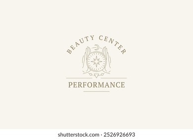 Mãos esotéricas com crescente modelo de design de logotipo de arte de estrela mágica para ilustração de vetor de bem-estar. Mitologia círculo oculto antigo logotipo linear minimalista lunar para meditação salão de beleza