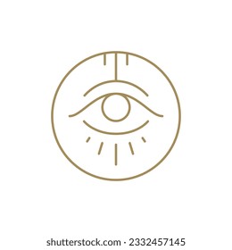 Esoteric human all seeing eye occultism medieval optical symbol minimalist circle frame decorative design line icon vector illustration. Magical eyeball vision rounded border harmony life balance