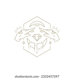 Esoteric human hands with all seeing eye and half moon light protect jewelry gem line art icon vector illustration. Mythic arms practicing magic spiritual mindfulness harmony meditation emblem