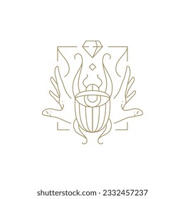 Esoteric human hands with Chafer and jewelry gem occultism spiritual symbol geometric frame line art vector illustration. Magic insect powerful antique protection mythic practicing design