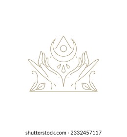 Esoterische menschliche Hände mit Halbmond Stern in botanischen Frühlingsblüten Rahmenbild Symbol Vektorgrafik. Magische Palmmeditation Wellness Kosmetische Hautpflege Schönheitssalon minimalistisches goldenes Emblem