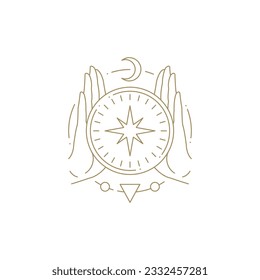 Esoteric human hands holding occultism compass half moon star magic monochrome golden emblem line icon vector illustration. Mythic arms healthy harmony balance mindfulness meditation