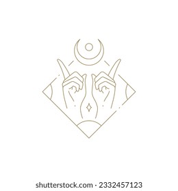 Esoteric human hands pointing forefingers to half moon and star line art monochrome icon vector illustration. Mythic arms index fingers magic meditation in golden frame linear emblem decorative design