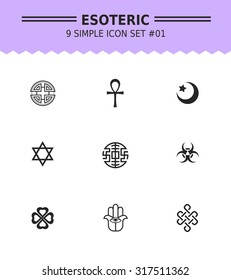 esoteric icon set. Vector icon for presentation, training, marketing, design, web. Can be used for creative template, logo, sign, craft. Isolated on white background. Vector black silhouette. 
