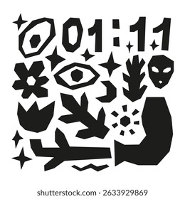 Esoteric illustration with geometric shapes and angelic numbers isolated on white background. Cut out black elements. Minimalist poster inspired by Matisse style.