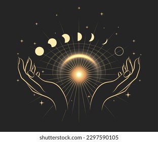 Esoteric Illustration  of Magic Hands and Moon Phases isolated on black background. Vector illustration.