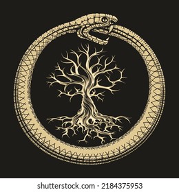 Ilustración esotérica de la serpiente y árbol de la vida de Ouroboros aislada en negro. Ilustración vectorial.