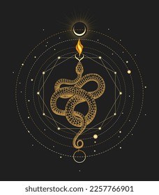 Esoteric Illustration of Snake of Wisdom and Sacred Geometry isolated on black background. Vector illustration. 