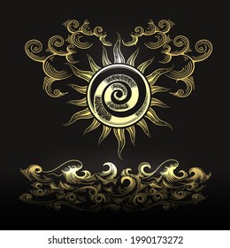 Esoteric Illustration of Sun clouds and Sea waves isolated on black background. Vector Illustration. 