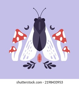 Esoteric illustration for wall, cards, merch, decor. Mystic print with butterfly, moon, mushrooms, fly agarics. Botanical boho magic clip art.