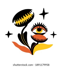 Esoteric killer flower illustration. Flat mystic carnivore plant with eye. Boho abstract tattoo for card, poster with witch symbols. Hand drawn template for card, t-shirt print. Black, yellow and orange